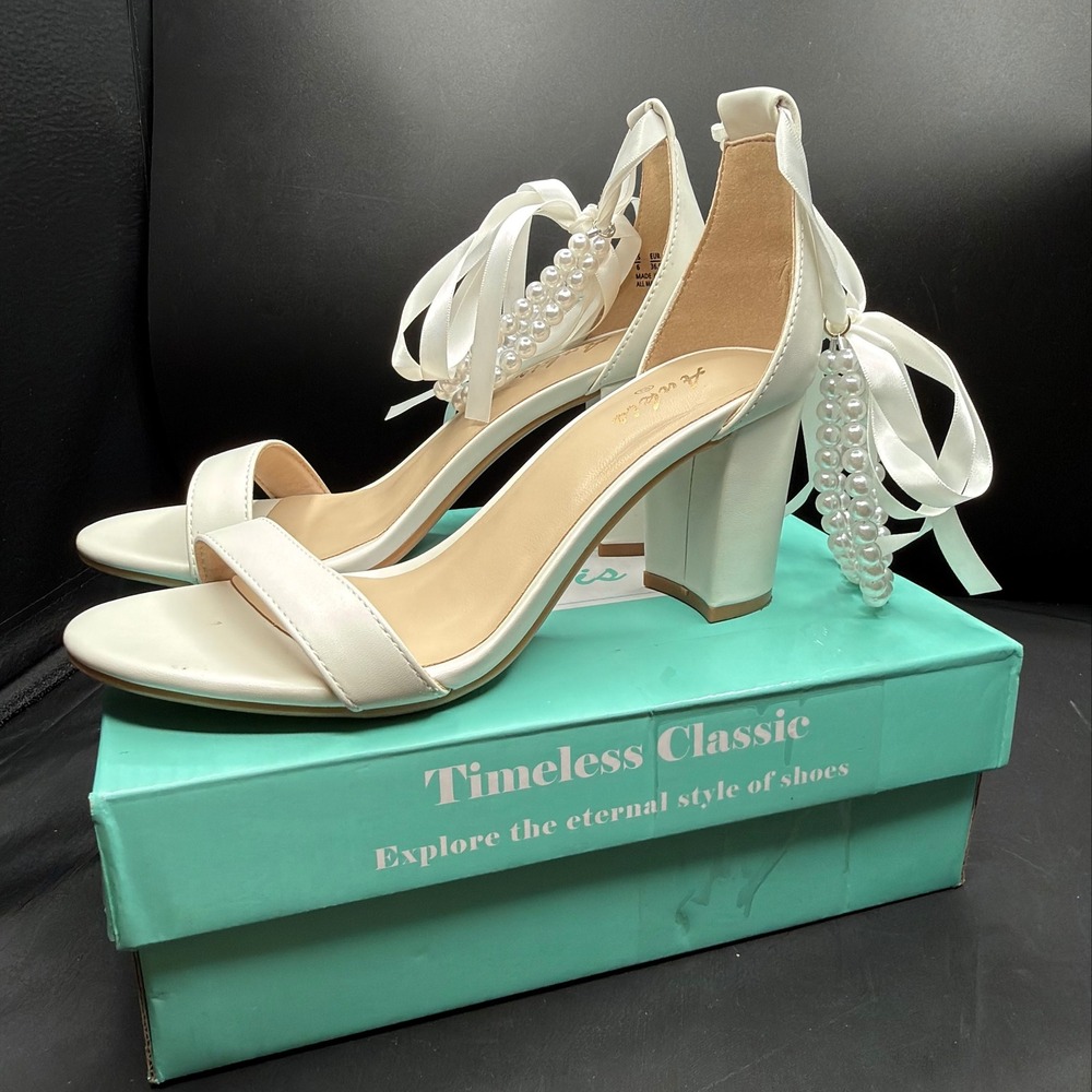 Aris White Pearl Ribbon Tie Block Heel Sandals Faux Leather Wedding Shoes 6